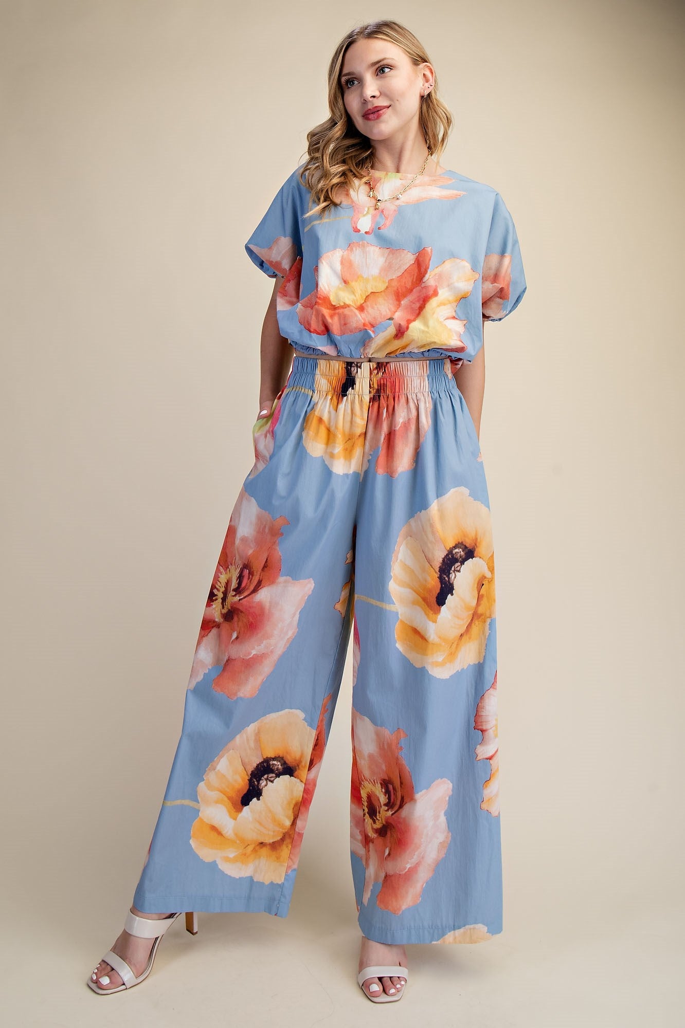 Flower Print Balloon Crop Blouse