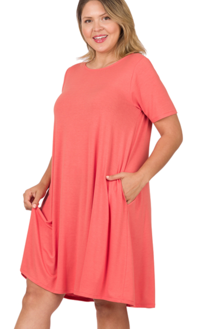 (Plus) Deep Coral Pocket Dress