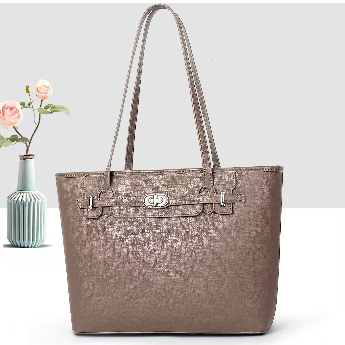 Executive Turn-Lock Tote – Taupe