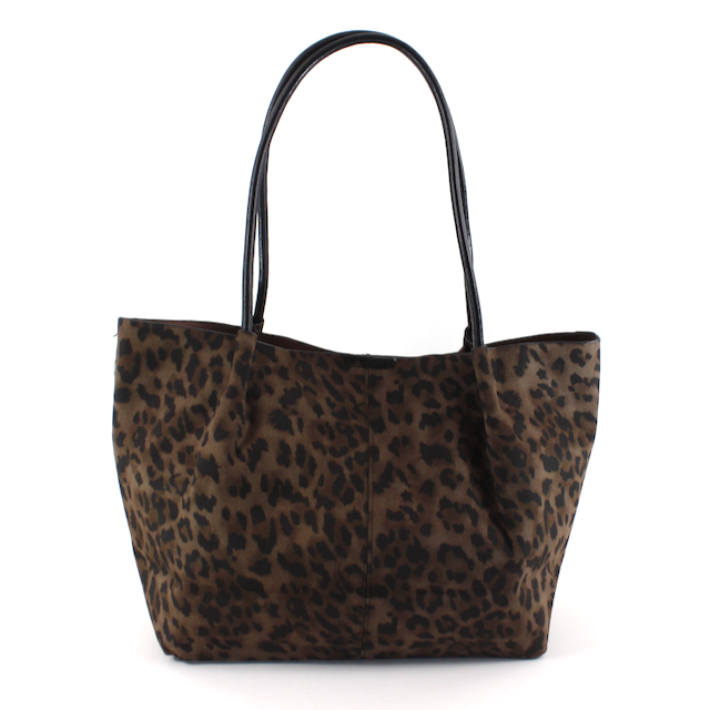 Black Leopard Suede-Like Tote with Pouch