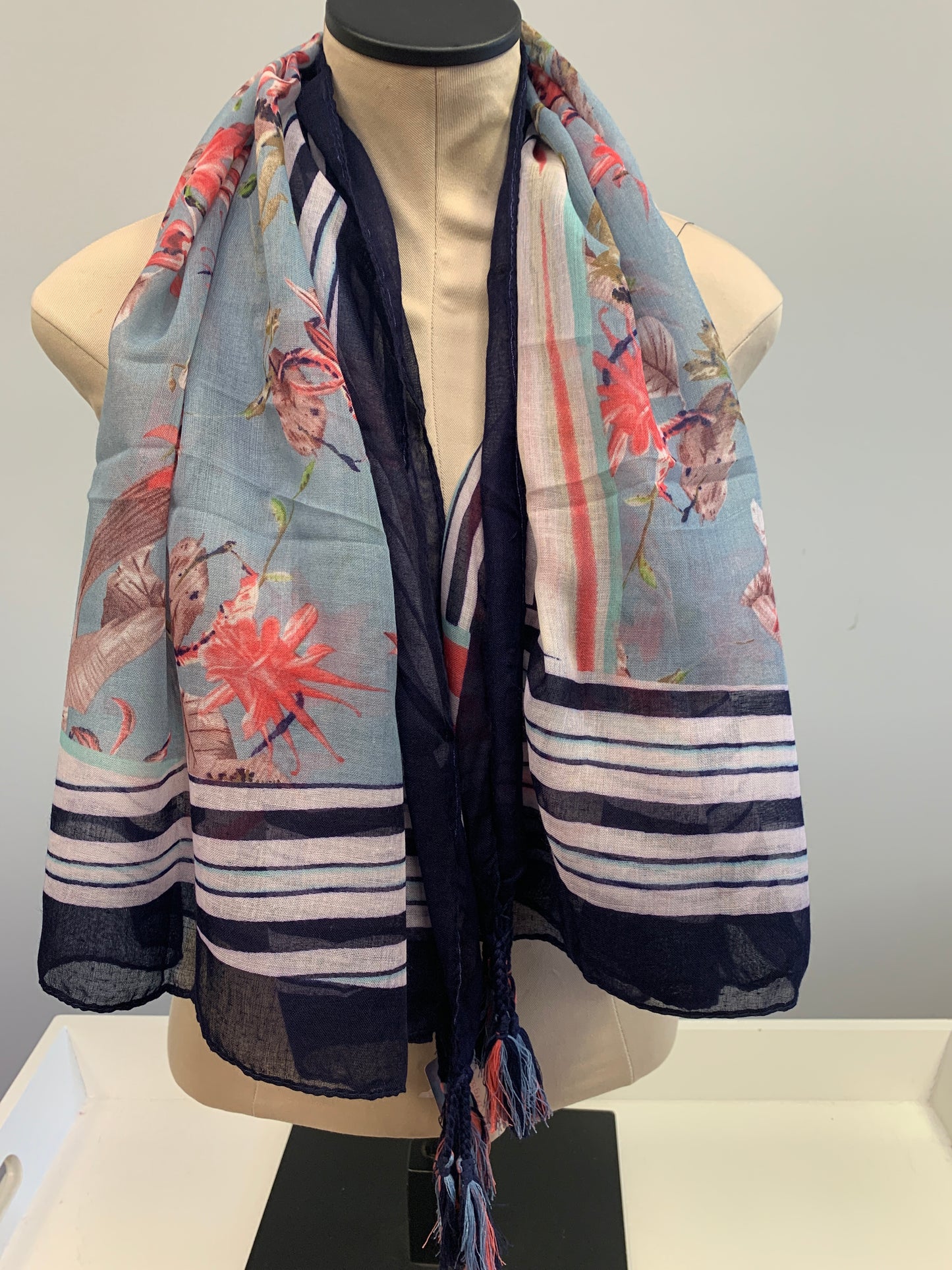 Navy Stripe Square Tassel Scarf