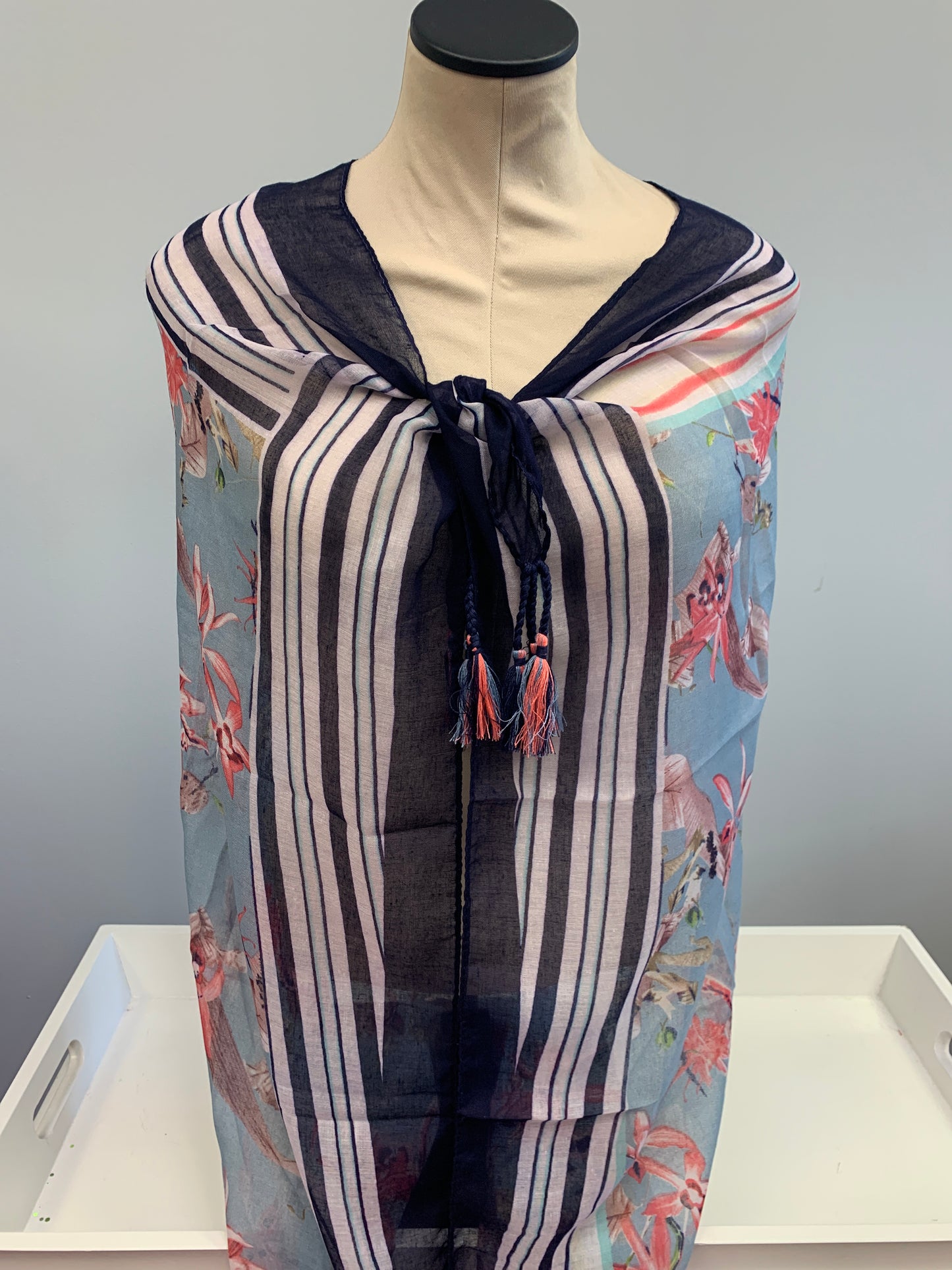 Navy Stripe Square Tassel Scarf