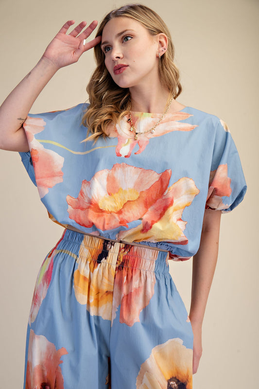 Flower Print Balloon Crop Blouse