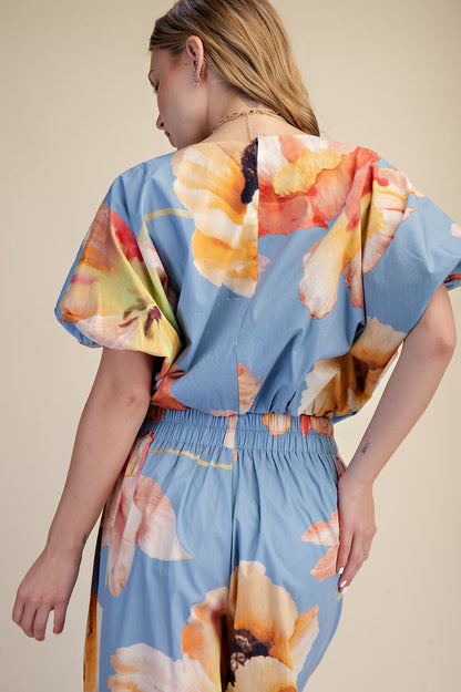 Flower Print Balloon Crop Blouse