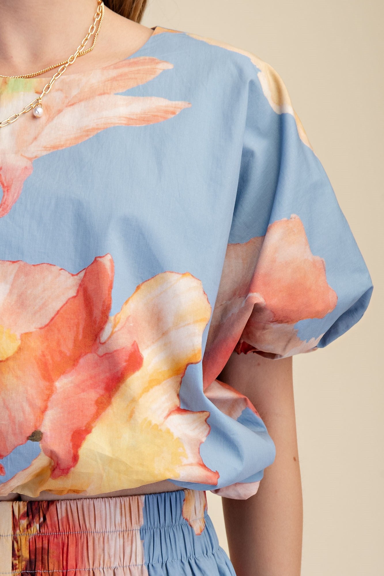 Flower Print Balloon Crop Blouse