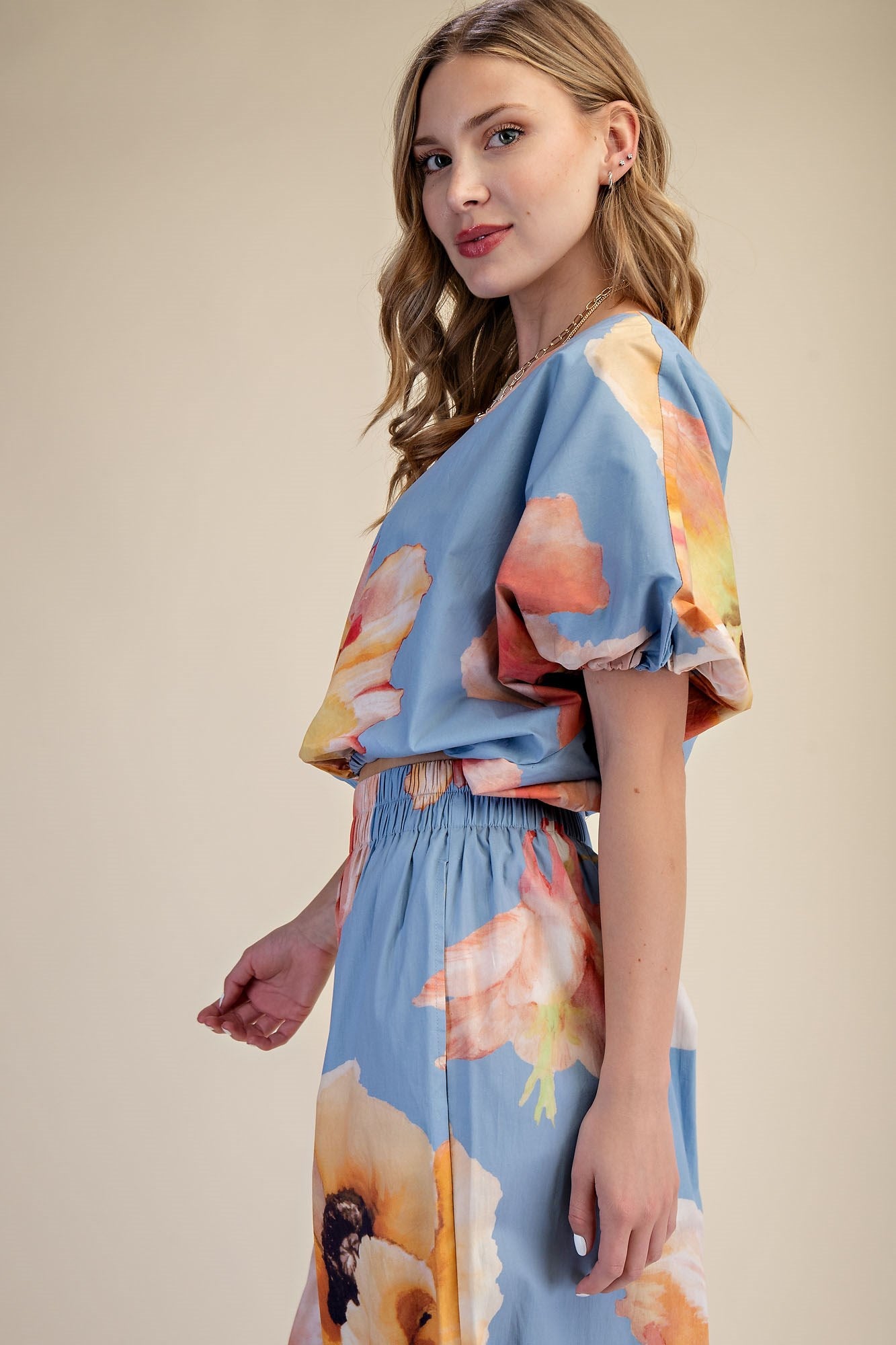 Flower Print Balloon Crop Blouse