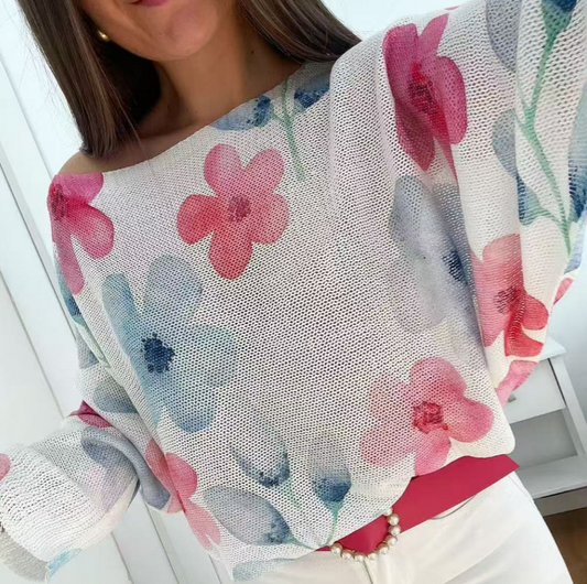 Pink Floral Knit Printed Sweater