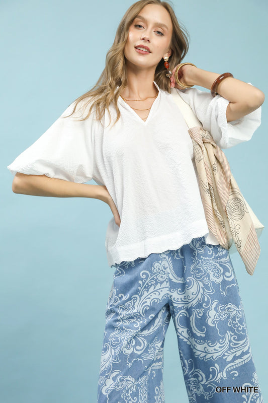 Bubbled Sleeved Seersucker Top