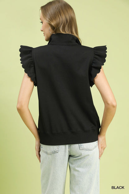 Black Ruffled Zip-Up Sweatshirt