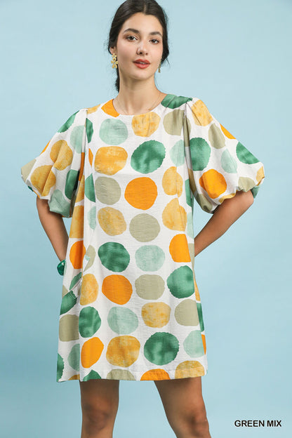 Abstract Dot Bubble Sleeve Tunic Dress