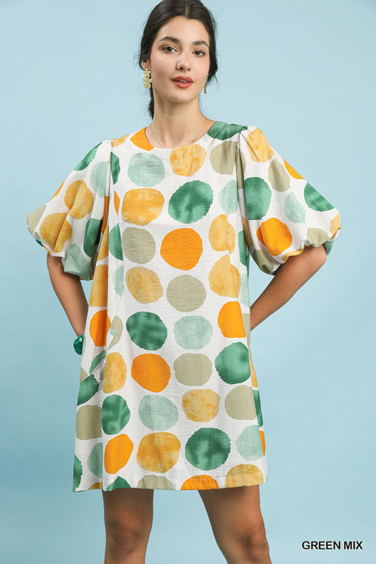 Abstract Dot Bubble Sleeve Tunic Dress