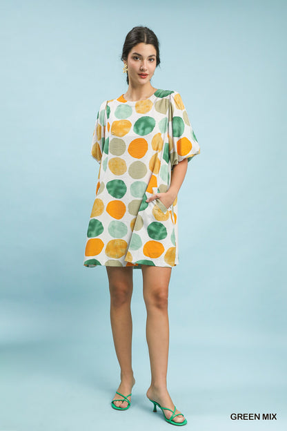 Abstract Dot Bubble Sleeve Tunic Dress
