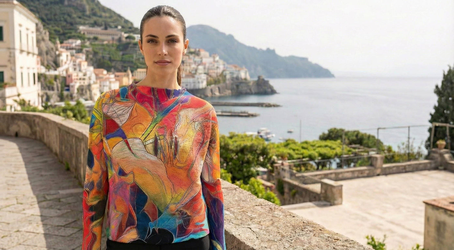 Multi Abstract Round Knit Print Sweater