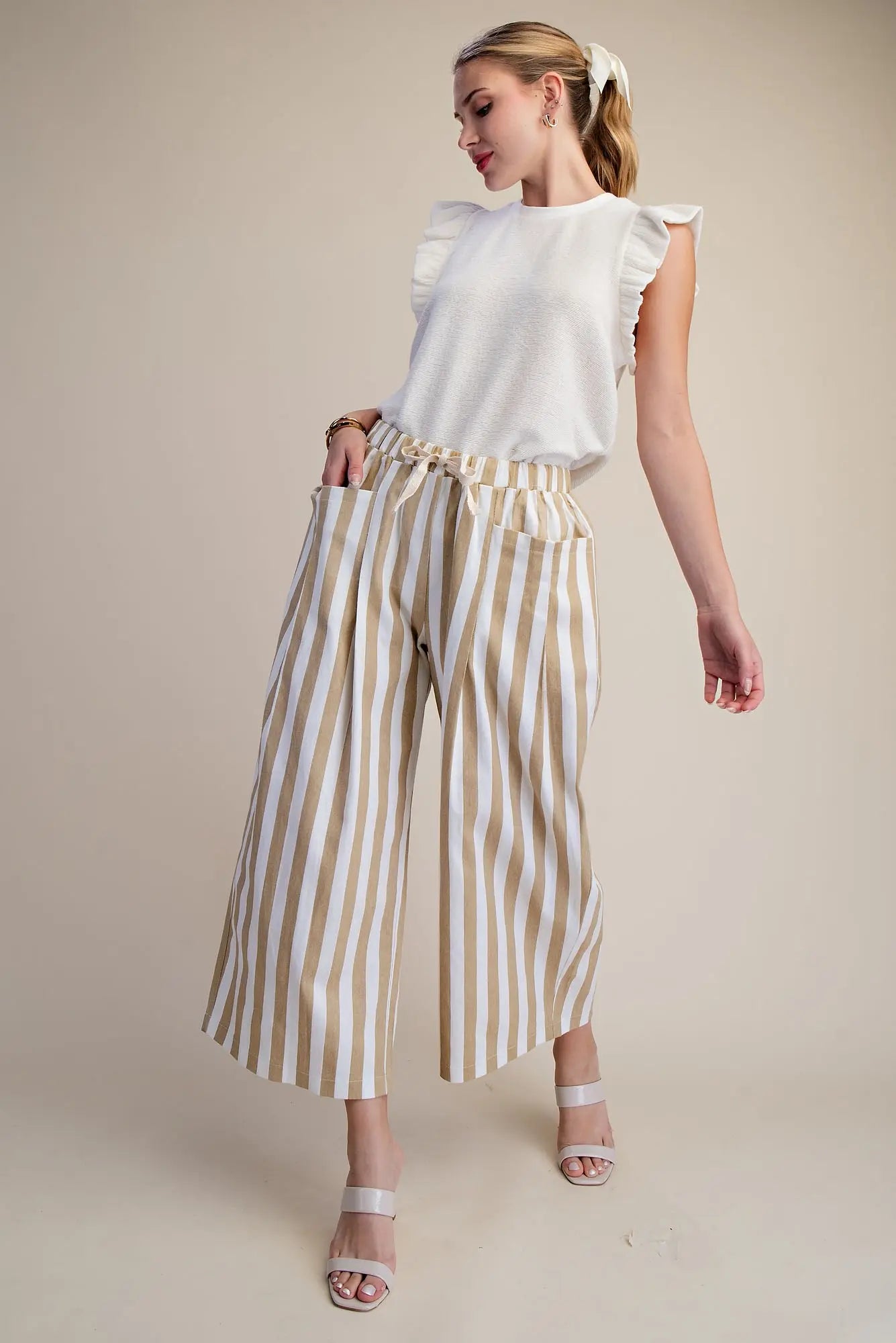 Taupe Striped Drawstring Pants