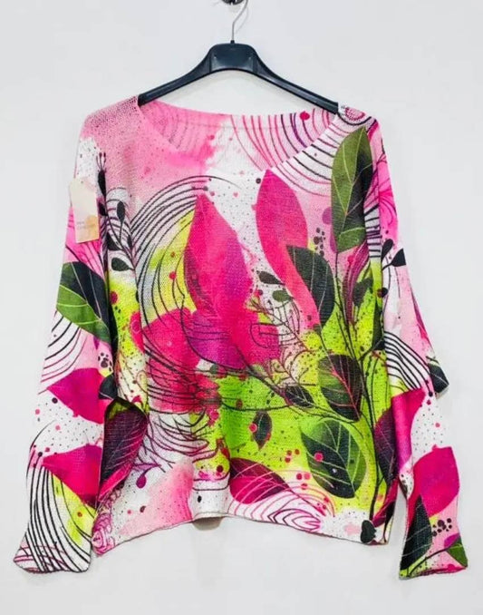 Fuchsia Leaves Round Knit Printed Sweater