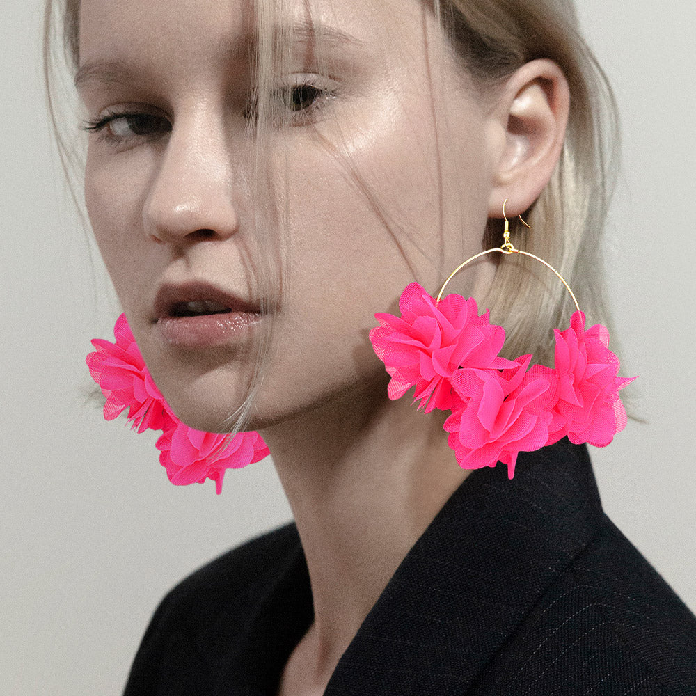 Pink Floral Fabric Cluster Hoops