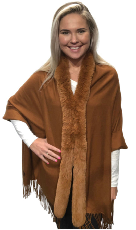 Faux Fur Trim Shawl (3 Colors)
