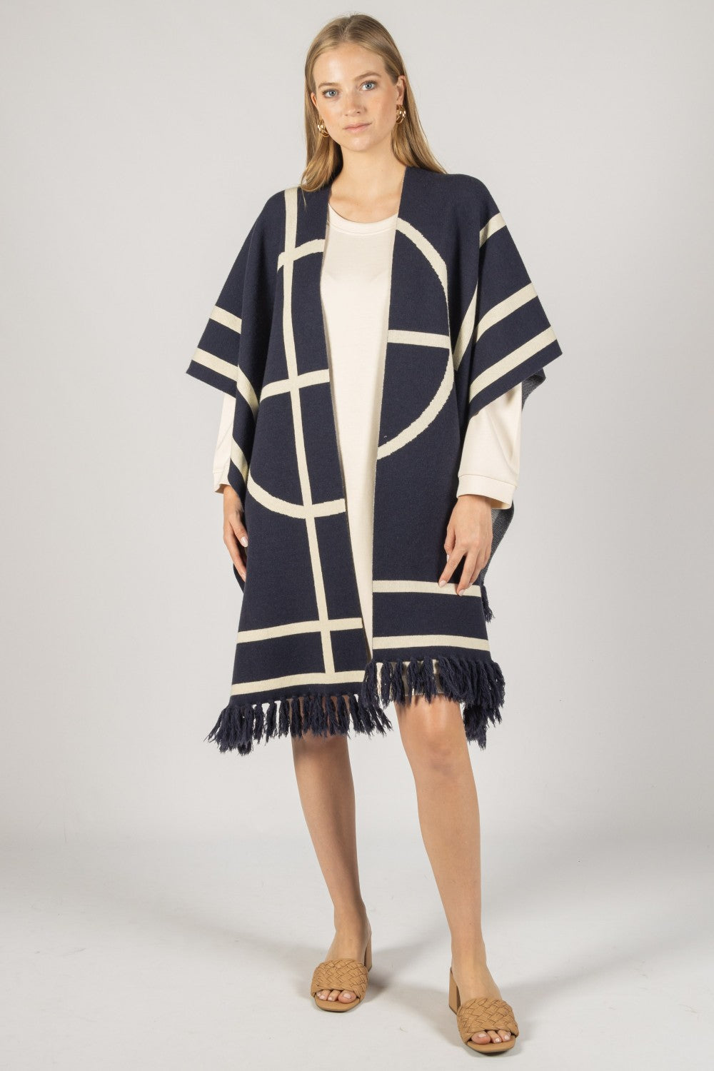 Navy Geometric Fringe Shawl