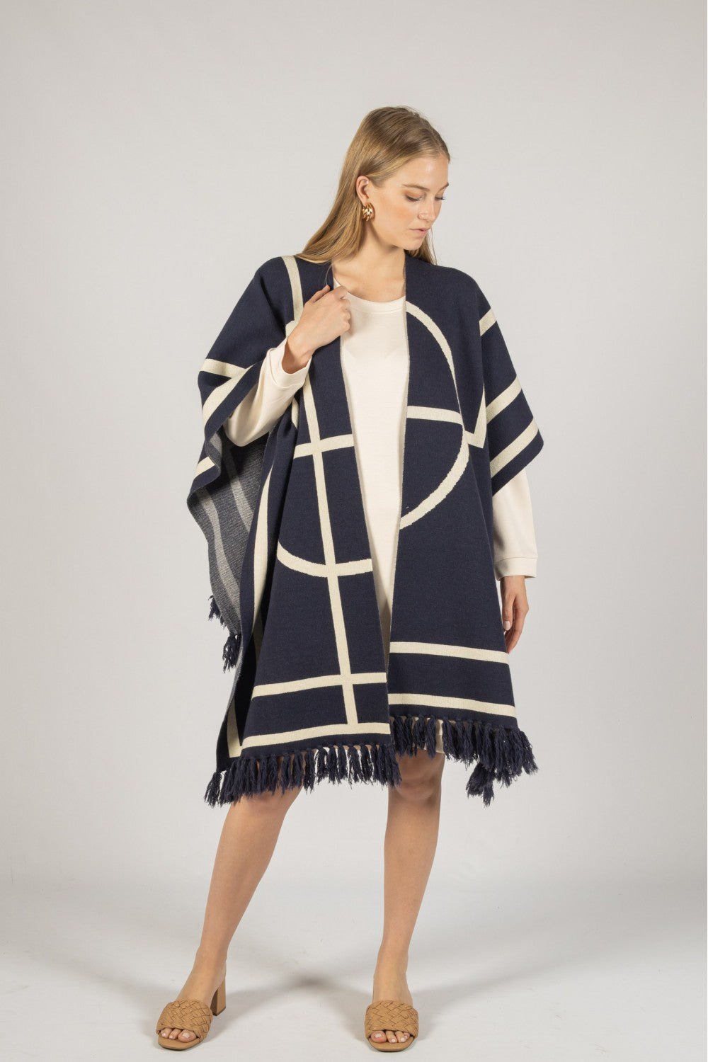 Navy Geometric Fringe Shawl