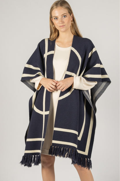 Navy Geometric Fringe Shawl
