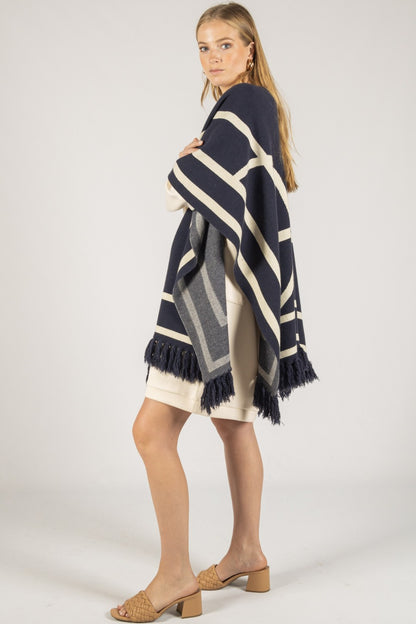Navy Geometric Fringe Shawl