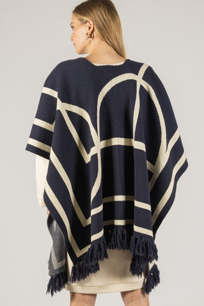 Navy Geometric Fringe Shawl