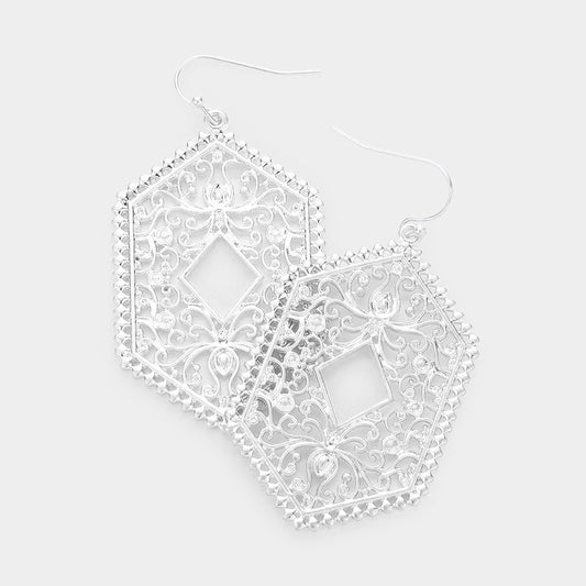 Silver Filigree Hexagon Earrings
