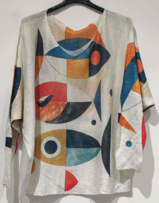 Cream Abstract Knit Printed Sweater