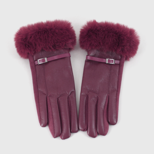 Burgundy Fur Leather Gloves