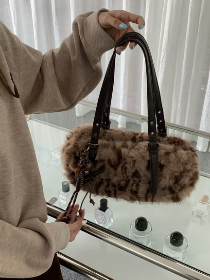 Taupe Wild Luxe Faux Fur Shoulder Bag