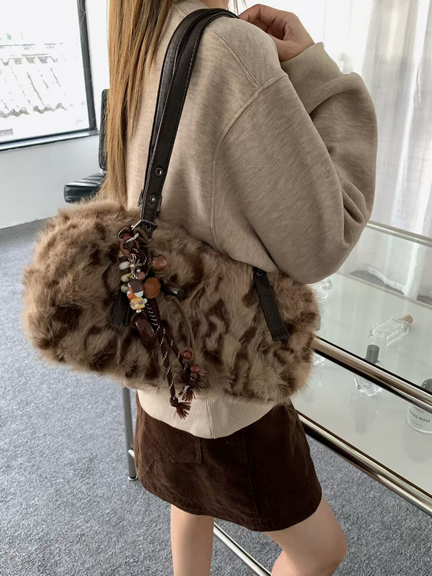 Taupe Wild Luxe Faux Fur Shoulder Bag
