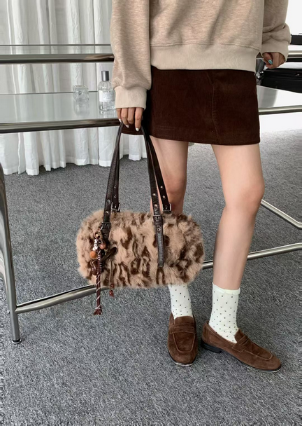 Taupe Wild Luxe Faux Fur Shoulder Bag