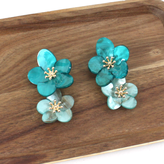 Teal Tiered Floral Drop Earrings