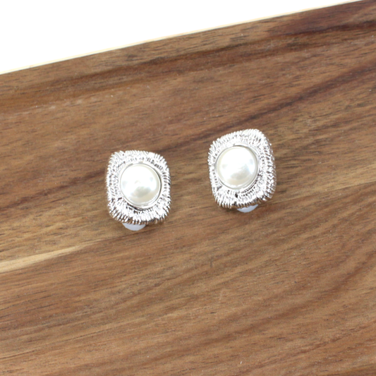 Silver Squared Pearl Clip-Ons