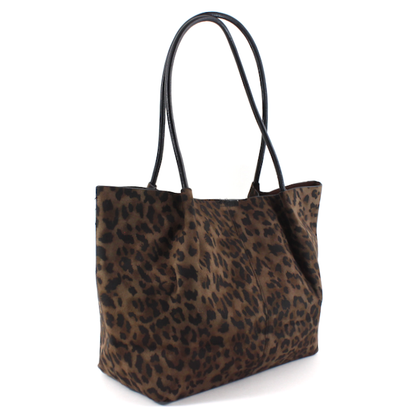 Black Leopard Suede-Like Tote with Pouch