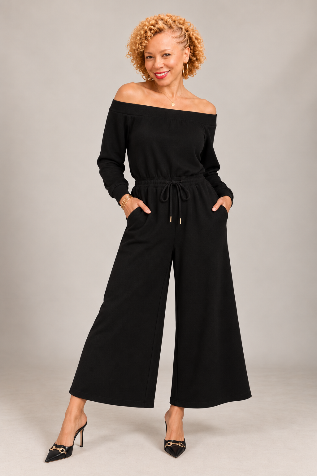 Ebony Sunday Stroll Off-Shoulder Jumpsuit