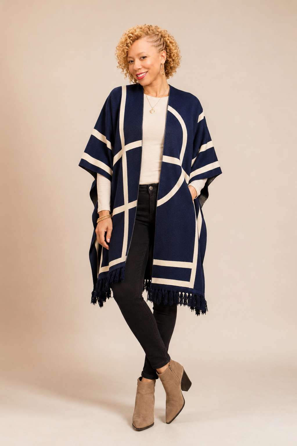 Navy Geometric Fringe Shawl