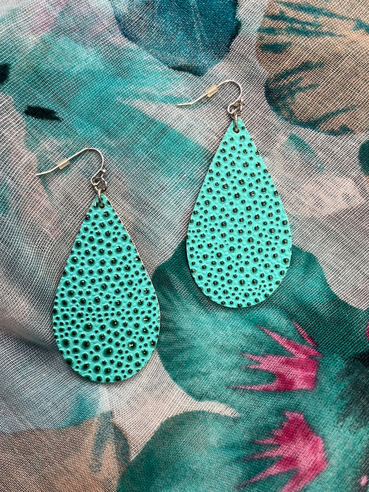 Spotted Teal Leather Earrings